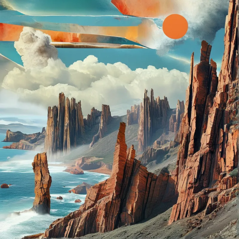 Surreal landscape with tall red rock spires rising from blue ocean waves beneath a stylized sky.