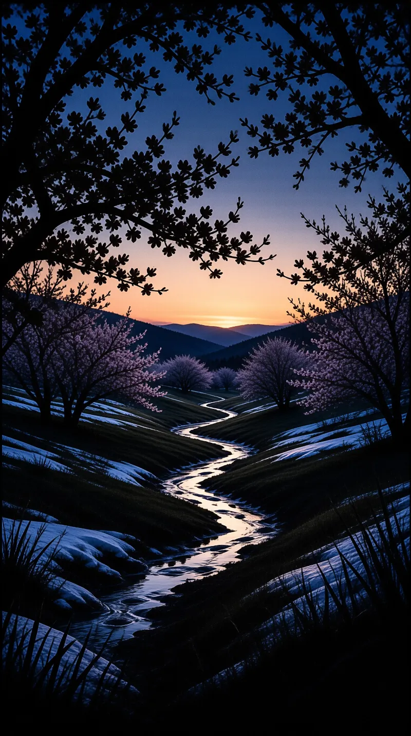 A narrow stream winds through a dusky valley dotted with pale blossoms and lingering snow.