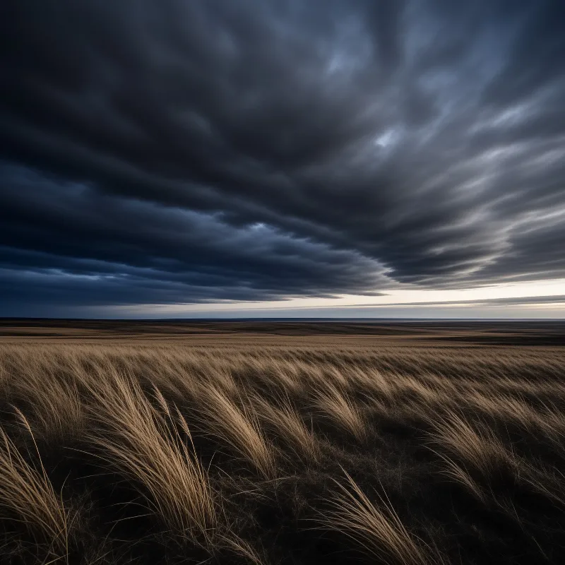 Golden prairie grasses bend under a heavy storm-filled sky with a break of light at the horizon.