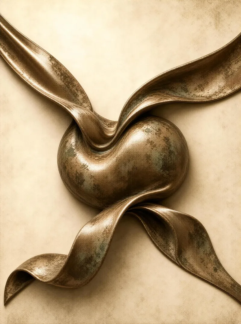 A bronze-colored abstract sculpture with flowing ribbon-like forms against a soft beige background, featuring a central rounded heart shape and smooth, aged textures