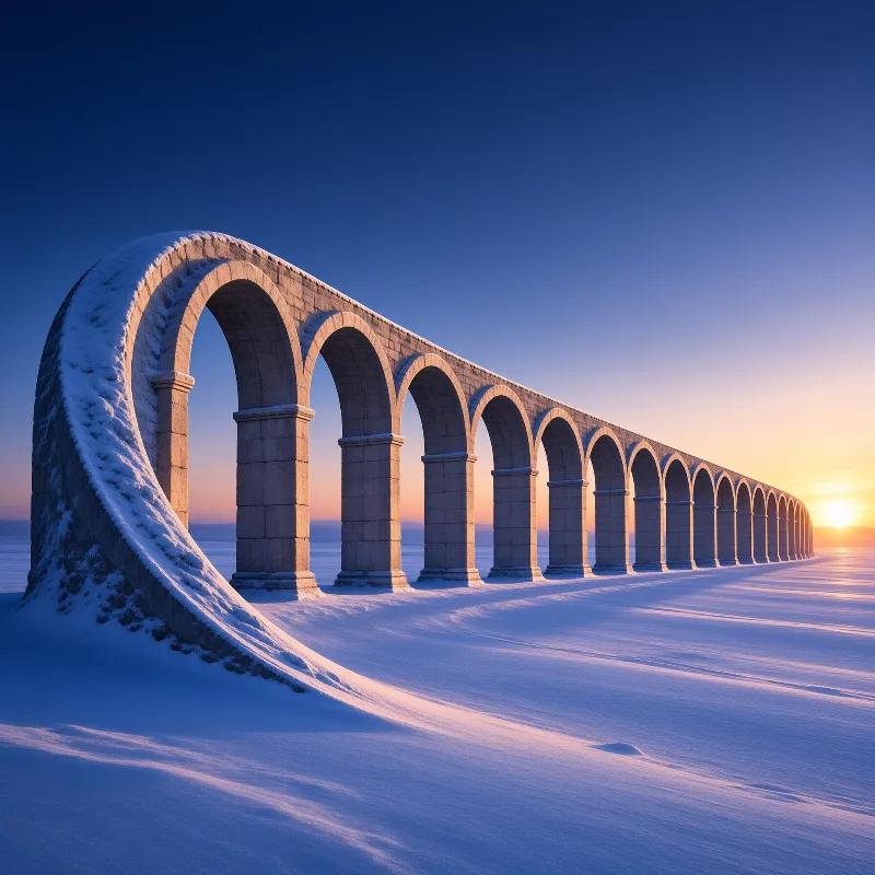 A long stone aqueduct with arches extends across a vast snowy field under a blue sky with the sun low on the horizon.
