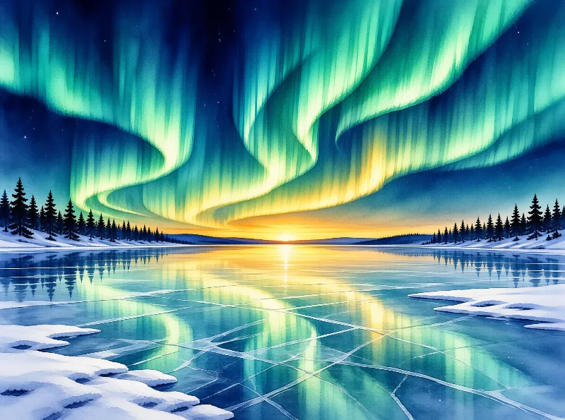 Green aurora borealis ribbons curve across a starry sky above a cracked frozen lake reflecting bright horizon light.