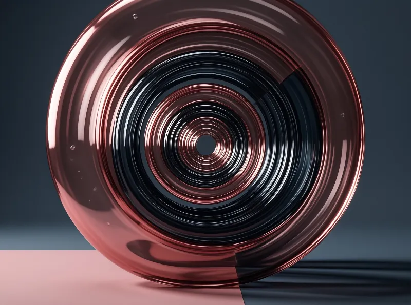 Close up of a rose gold speaker driver featuring concentric black rings against a two tone backdrop.