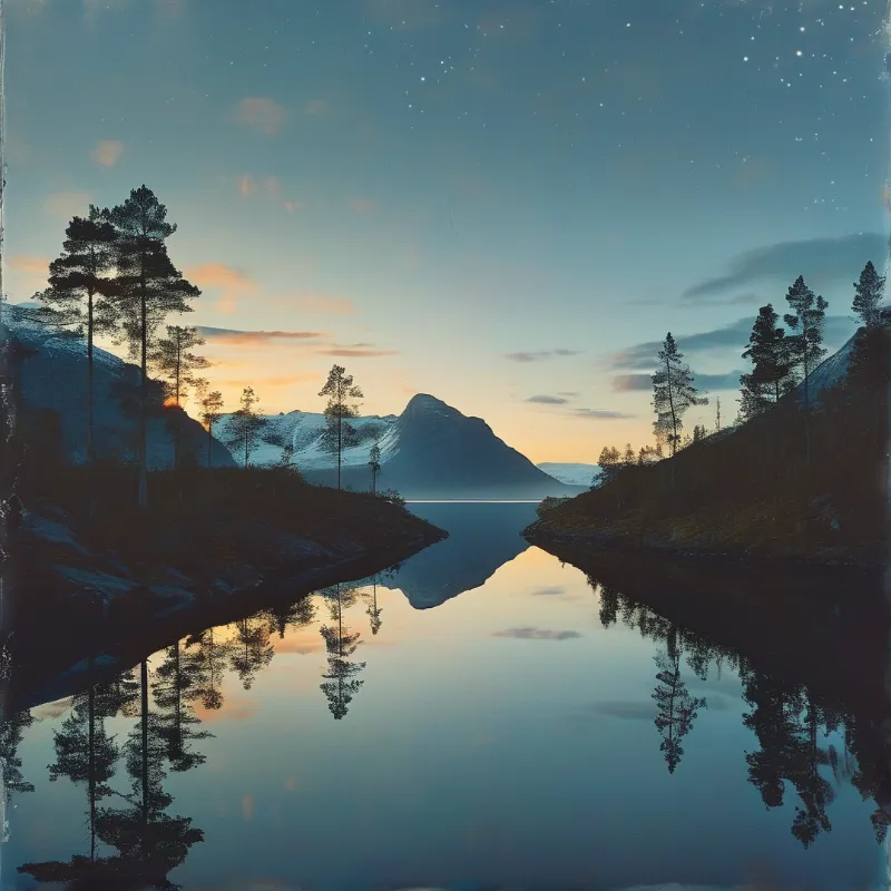 A calm mountain lake reflects snowy peaks and stars under a twilight sky with pine trees lining both shores