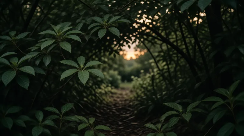 Shiny leaves frame a dim forest track while the low sun glows softly out of focus at the far end.