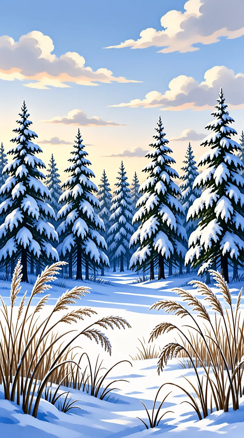 Pine Trees Bathed In Golden Winter Light