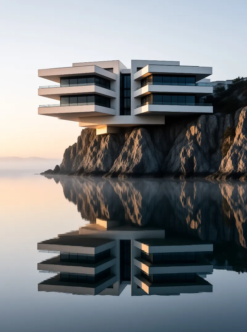 A futuristic white house cantilevers over jagged rocks into still water reflecting the warm morning sky.