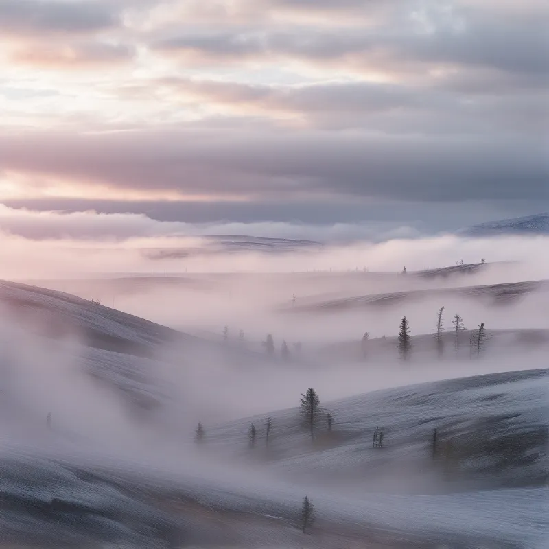 Snowy Hills in Morning Fog