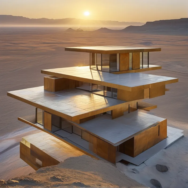 A modern house made of wide stacked platforms and golden panels stands alone on flat desert ground as the low sun flares