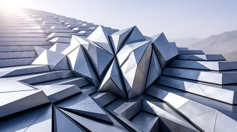 Sharp silver and blue facets unfold above row after row of polished metal slats under a pale hazy sky.