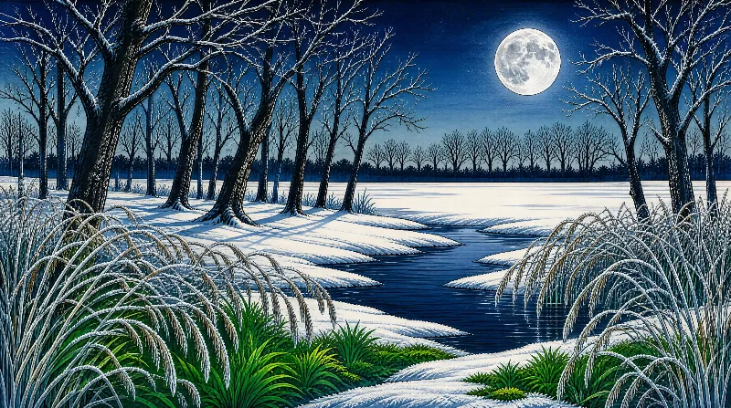A meandering river winds through a snow-covered forest beneath a bright full moon, with bare trees and frosty plants lining its banks