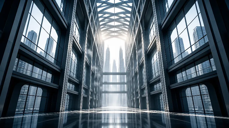 A futuristic glass building interior looks out towards a cluster of tall skyscrapers bathed in bright light.