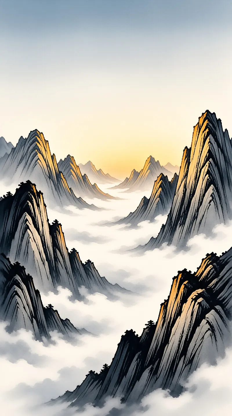 Rugged mountain summits pierce through thick white fog while warm sunlight illuminates the rocky ridges of the landscape.