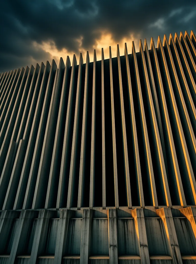 Vertical concrete slats rise against dark storm clouds while warm golden light illuminates the right edges.