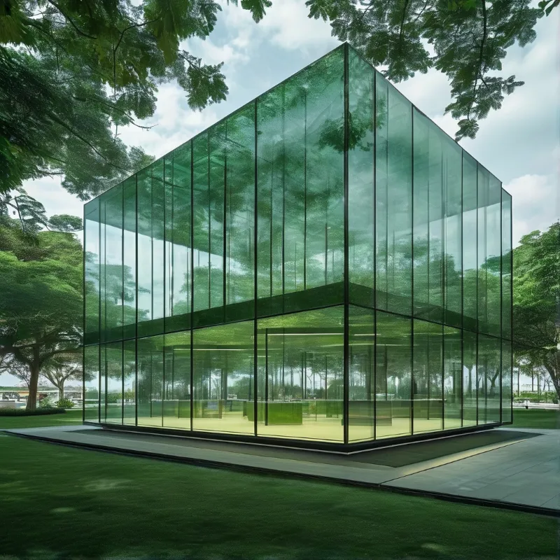 A transparent green glass cube building stands amidst lush trees and grass in a sunny park.