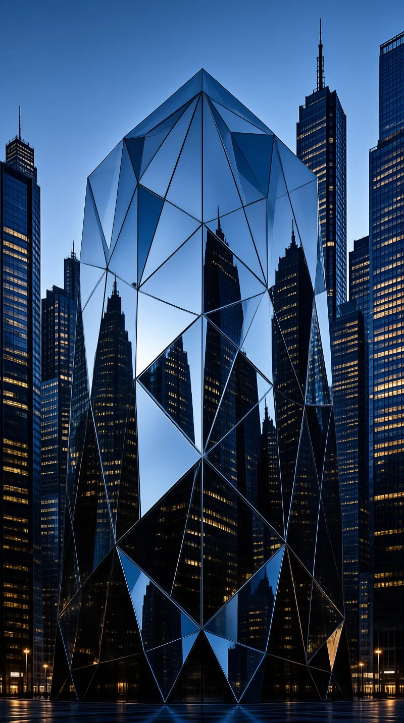 A futuristic geometric glass tower reflects the city skyline and warm window lights against a deep blue twilight sky.