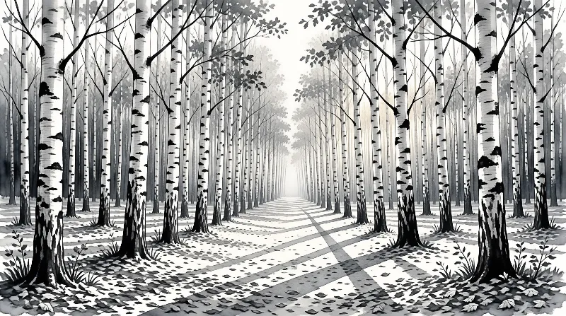 Black and white sketch of birch trees flanking a path leading into misty woods.