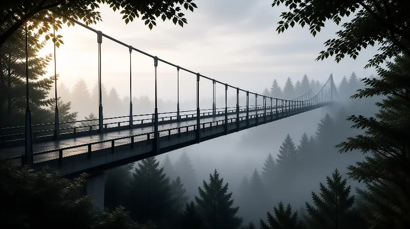 A suspension bridge stretches across a misty valley filled with evergreen trees illuminated by early morning sunlight.
