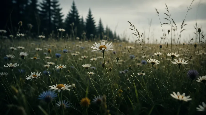 Wildflower Meadow with Daisies and Pines