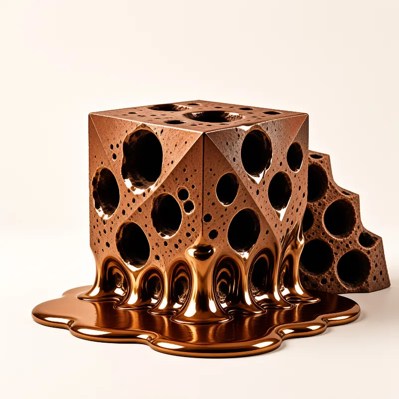 A textured bronze cube dissolves into a reflective liquid pool on a white surface.