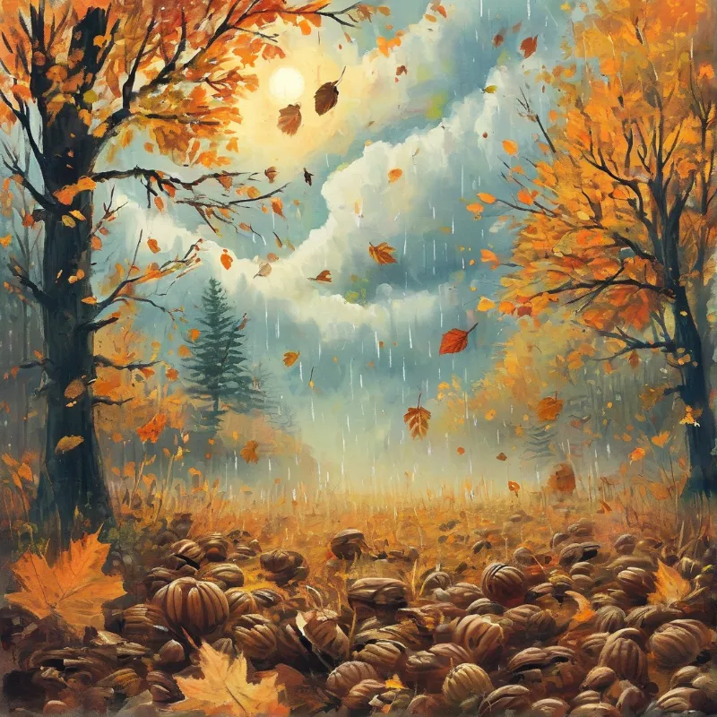 Autumn leaves scatter across a pumpkin-filled field while rain falls under a bright sun
