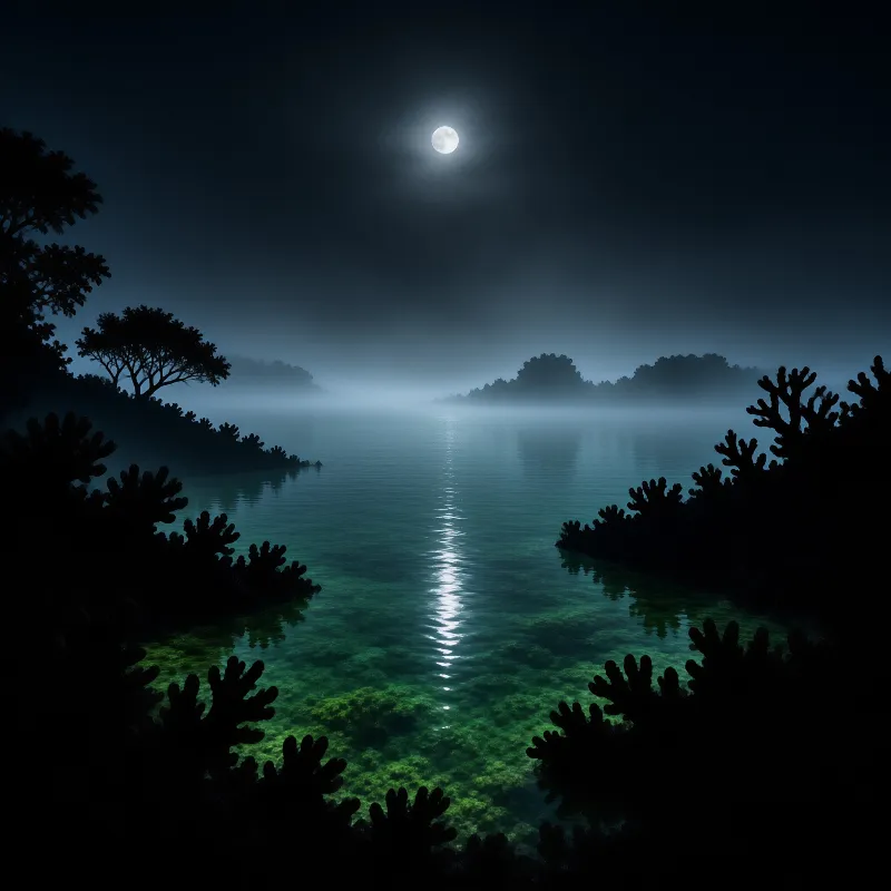 A bright moon hangs over a calm lagoon fringed with dark silhouetted foliage and low mist rolling off distant islets.