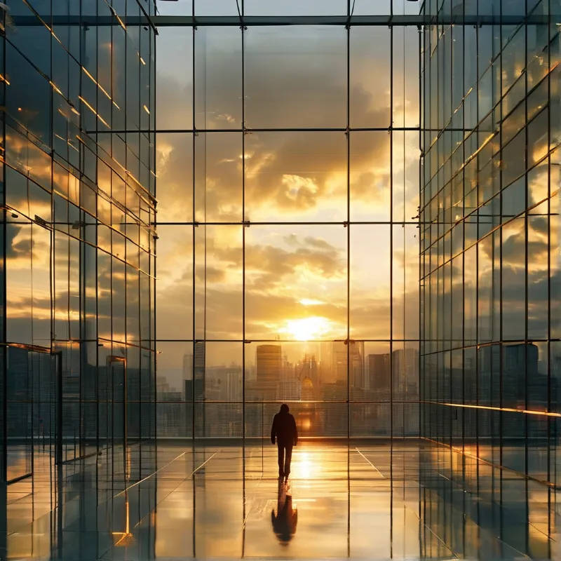 A person walks down a reflective floor inside a glass structure facing a golden sunset over a distant city skyline.
