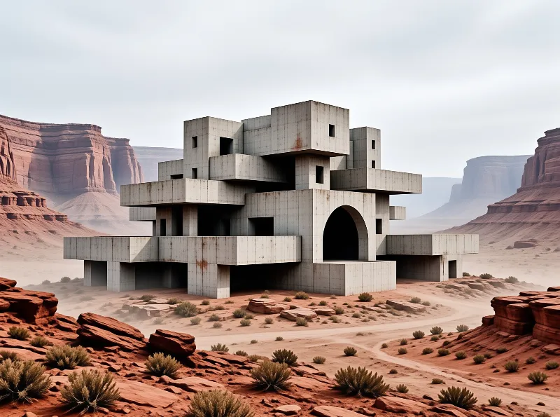 A weathered asymmetrical concrete brutalist building stands alone in an arid red rock canyon under pale hazy daylight