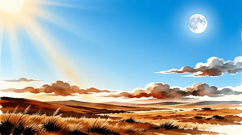 Painterly view of a dry grassy plain with rolling hills beneath a bright blue sky that features both a radiant sun and a glowing full moon.