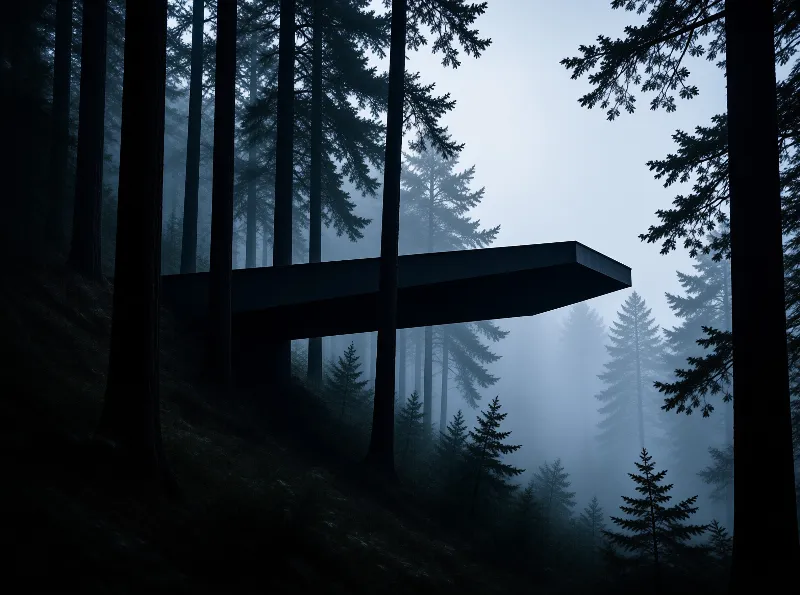 A dark angular structure hovers among tall pine trees shrouded in thick blue fog during twilight.
