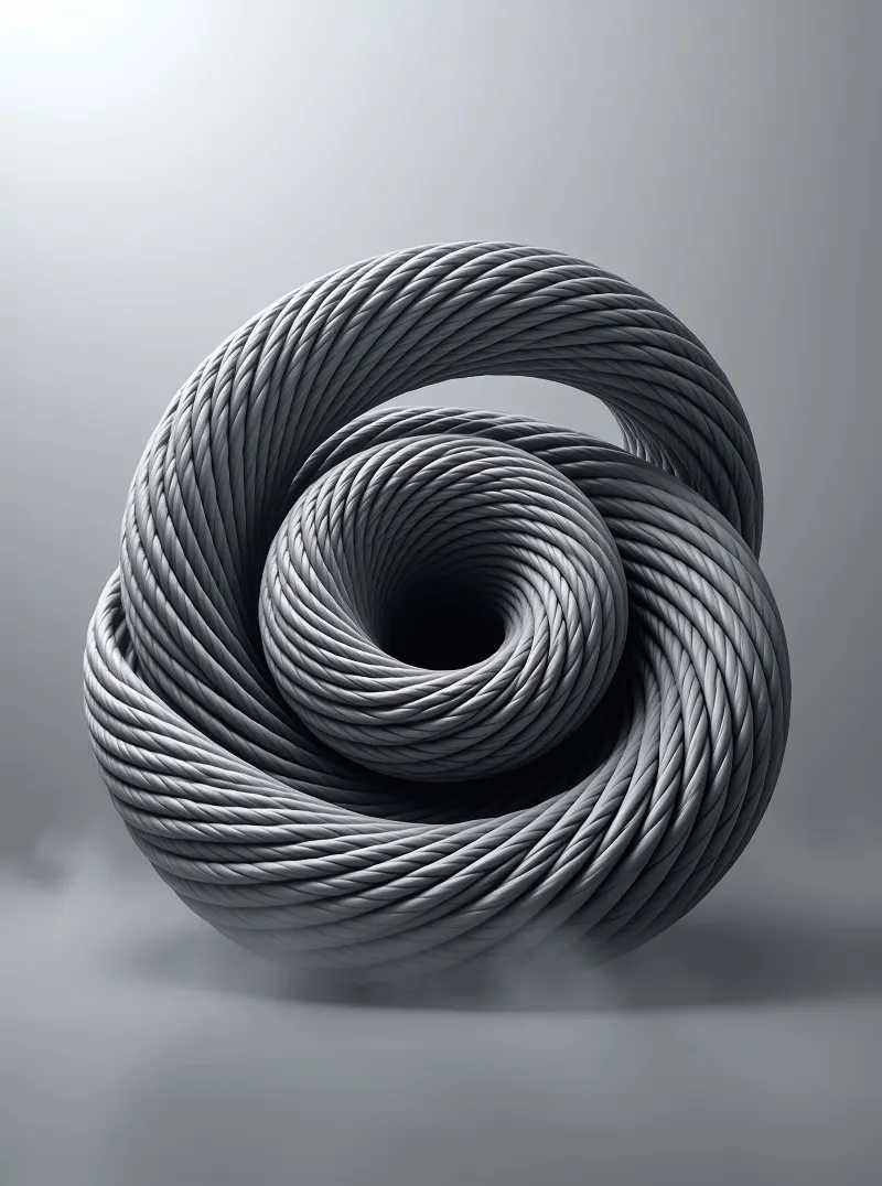 A spiraling knot of steel cables forms a hollow center against a smooth gray studio backdrop with soft directional lighting