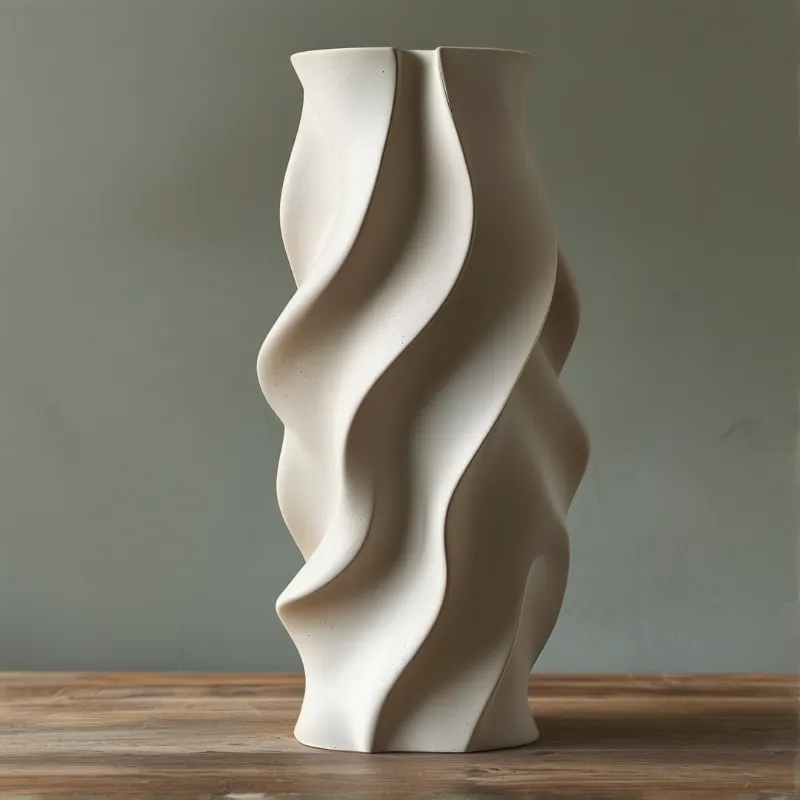 A tall white vase featuring wavy vertical curves rests on a wooden surface against a muted wall.