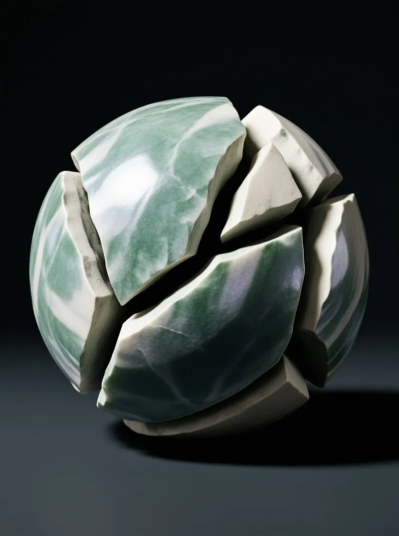 A shattered green marble sphere floats on a black void with broken pieces revealing rough stone texture under light.