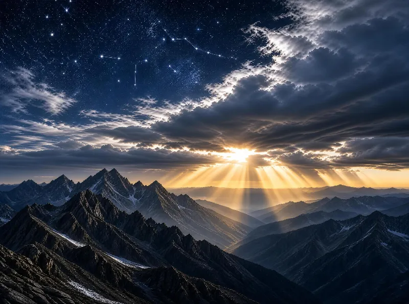 Mountain Night with Stars and Sunbeams