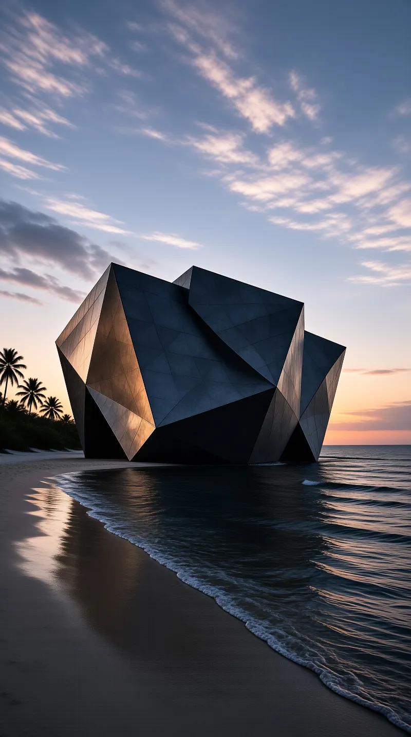 A massive angular structure rests on a tropical beach while golden sunset light illuminates its metallic geometric surfaces.