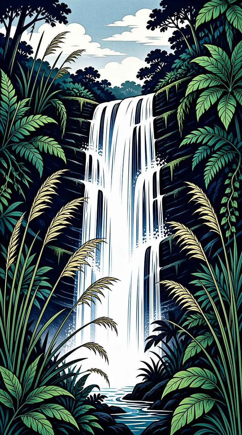 A white cascading waterfall tumbles over dark rock walls, framed by tropical green and yellow plants under a pale blue sky.