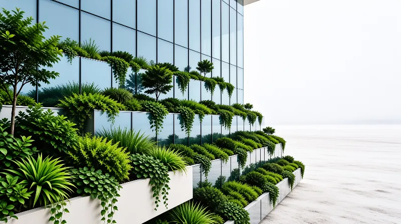 A modern glass facade displays cascading vertical gardens with lush foliage spilling from white planters onto a bright white sandy shoreline under soft daylight.