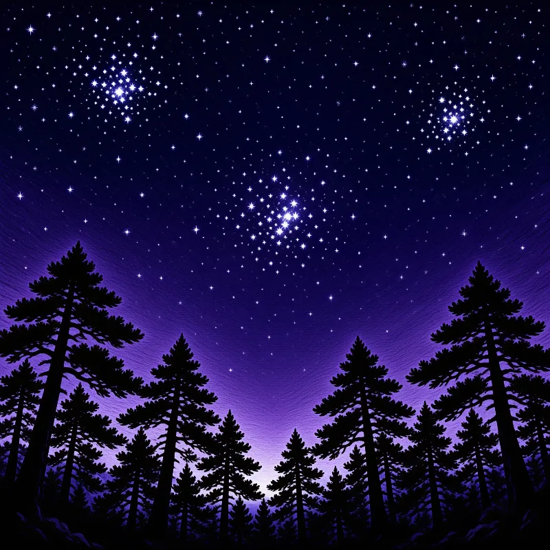 Tall dark trees frame a vibrant purple night sky filled with bright stars and clusters of light above the forest canopy.