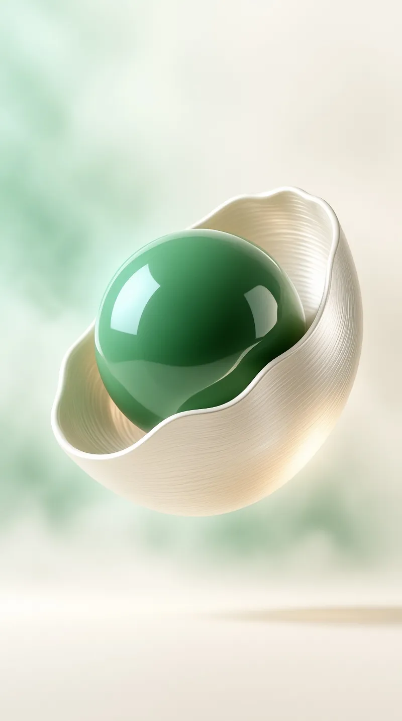 A glossy jade sphere rests in an organic cream bowl against a soft mint blurred background.