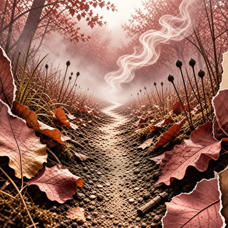 A pebbled trail winds into a foggy woodland while wisps of white smoke curl upwards amidst dried leaves.