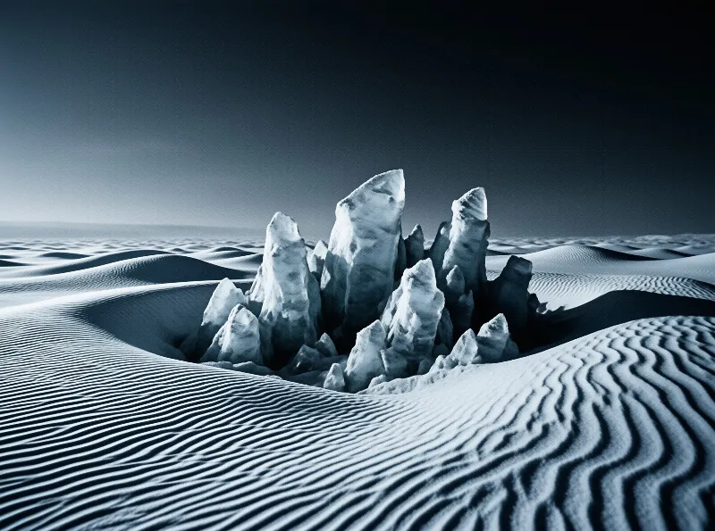 Sharp crystalline structures protrude from wind-swept blue sand ripples under a darkening sky.