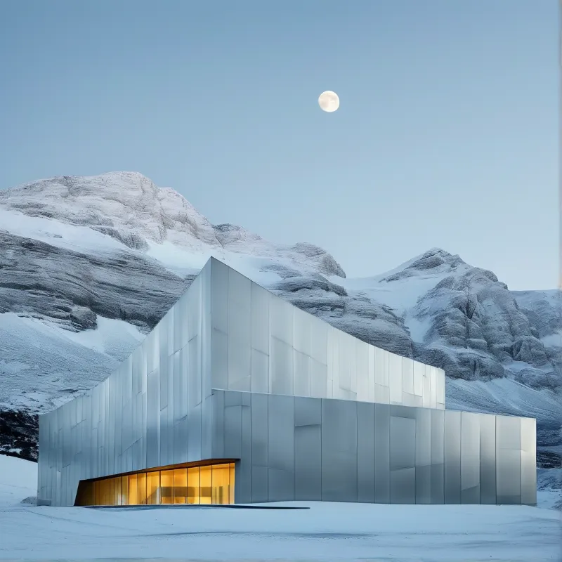 A geometric silver building sits among snow-covered peaks while a bright moon hangs in the pale blue twilight sky.