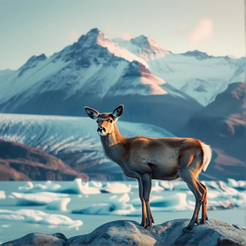 A deer stands alert on a rock with a glacier and snow-capped peaks behind it.