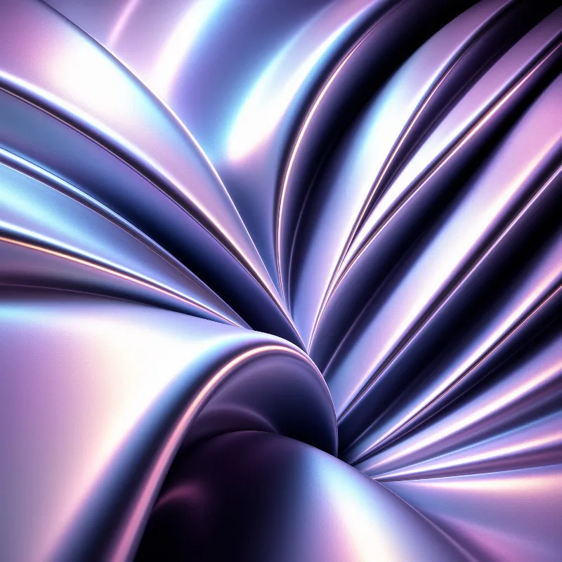 Shiny metallic ribbons curve through blue purple space reflecting bright highlights on smooth surfaces.
