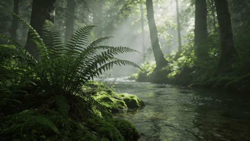 Misty Healing Forest with Sunlit Ferns