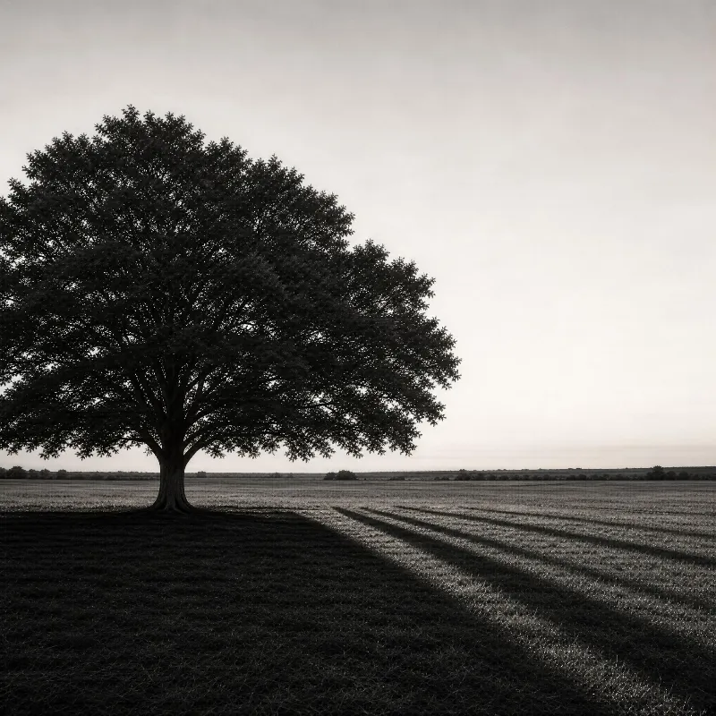 A large oak tree stands alone in a wide open field, casting long shadows across the ground under a pale sky