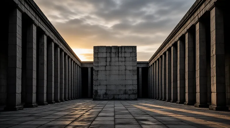 Grey stone columns line a corridor where golden light casts long shadows across the floor to a massive central block.