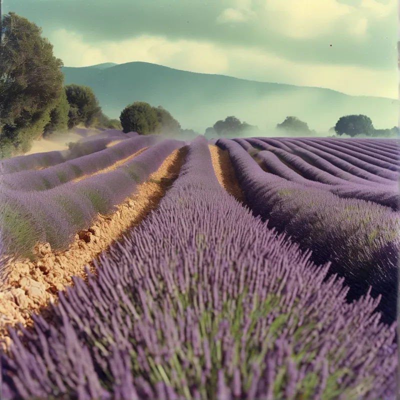 Purple lavender rows grow in a field with brown soil paths, backed by trees and foggy mountains under a hazy sky.