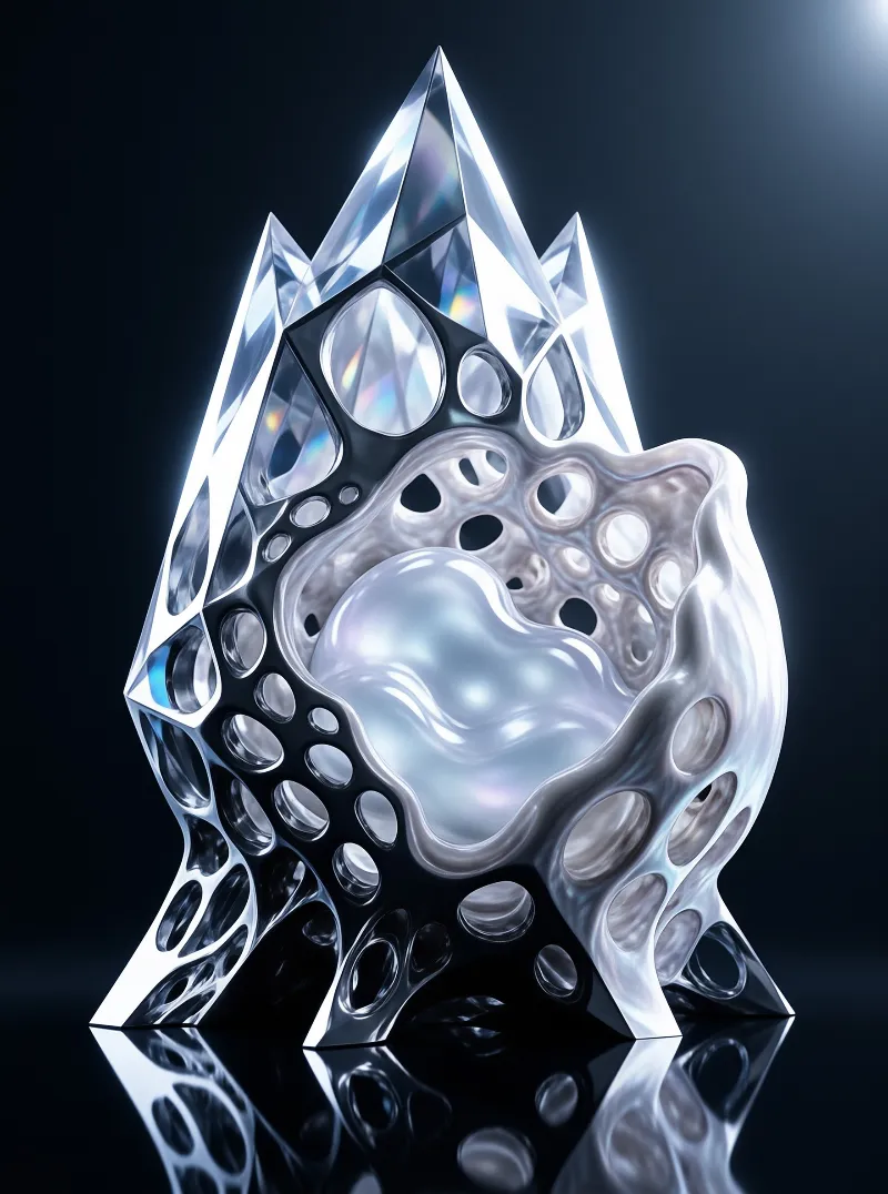 A translucent abstract sculpture featuring jagged peaks and bubble-like textures sits against a black background.