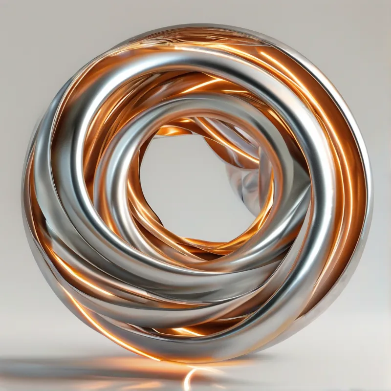 A twisted chrome copper torus sculpture rests on a grey surface, with warm soft light curving along its smooth metal curves.